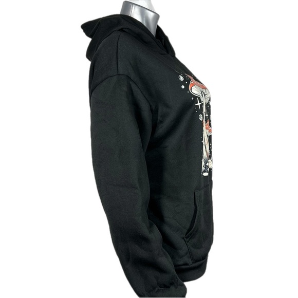 Black Fleece Lined Pullover Hoodie Sweatshirt Mushroom and Moon Designs - Picture 3 of 7